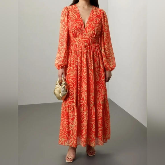 Toccin Dresses & Skirts - TOCCIN x RTR Women's Long-Sleeve V-Neck Printed Maxi Dress, Orange Tan Floral, 8